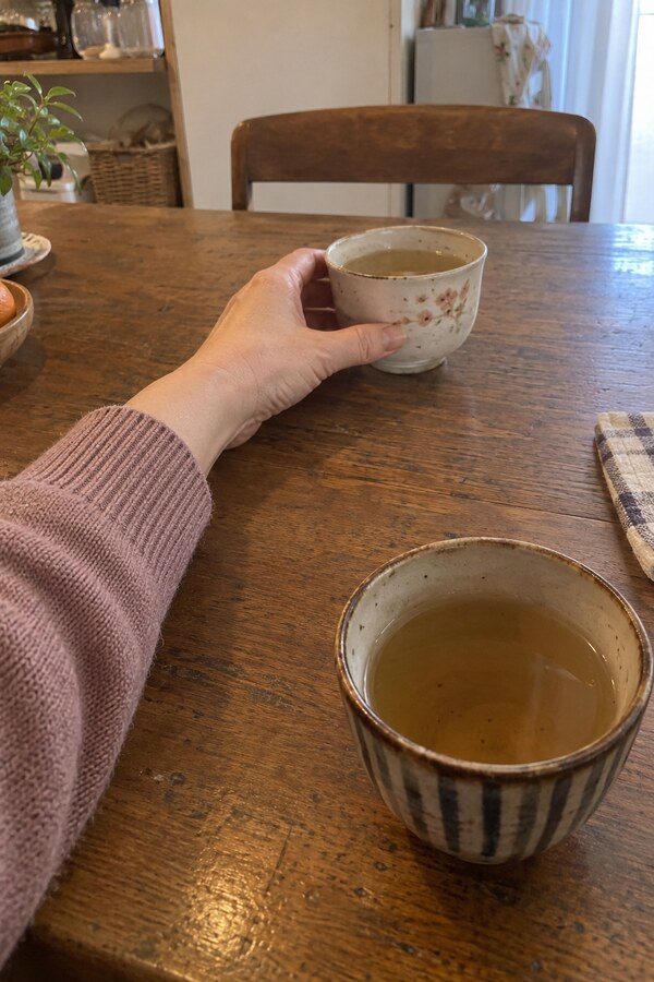 古い木の食卓で向かいの席へ湯呑みを置くまりの左手