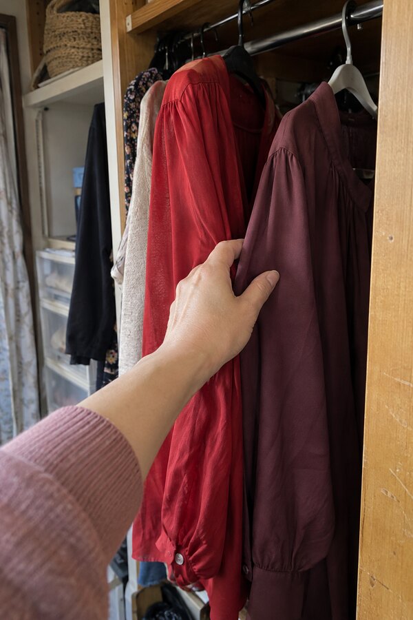 生活感のある衣装棚で鮮やかな赤から落ち着いた深紅の服へ手を伸ばすまりの左手