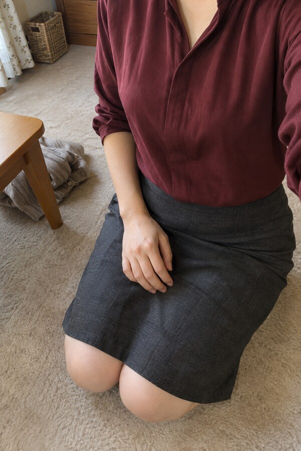 深紅のブラウスと濃灰色のスカートで床に膝をつき左手を膝に置くまり