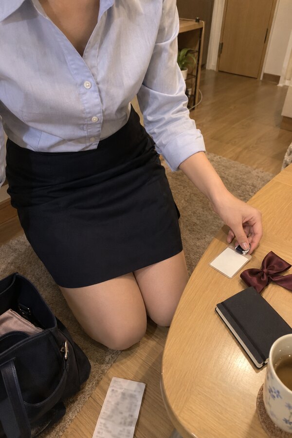 仕事帰りの部屋で膝をつき社員証を深紅のリボンの横へ置くなみの左手